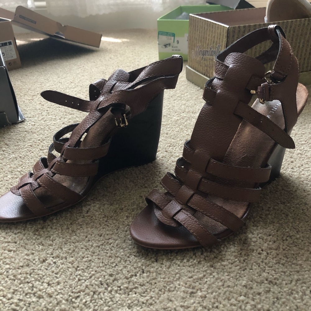 Brown leather wedges